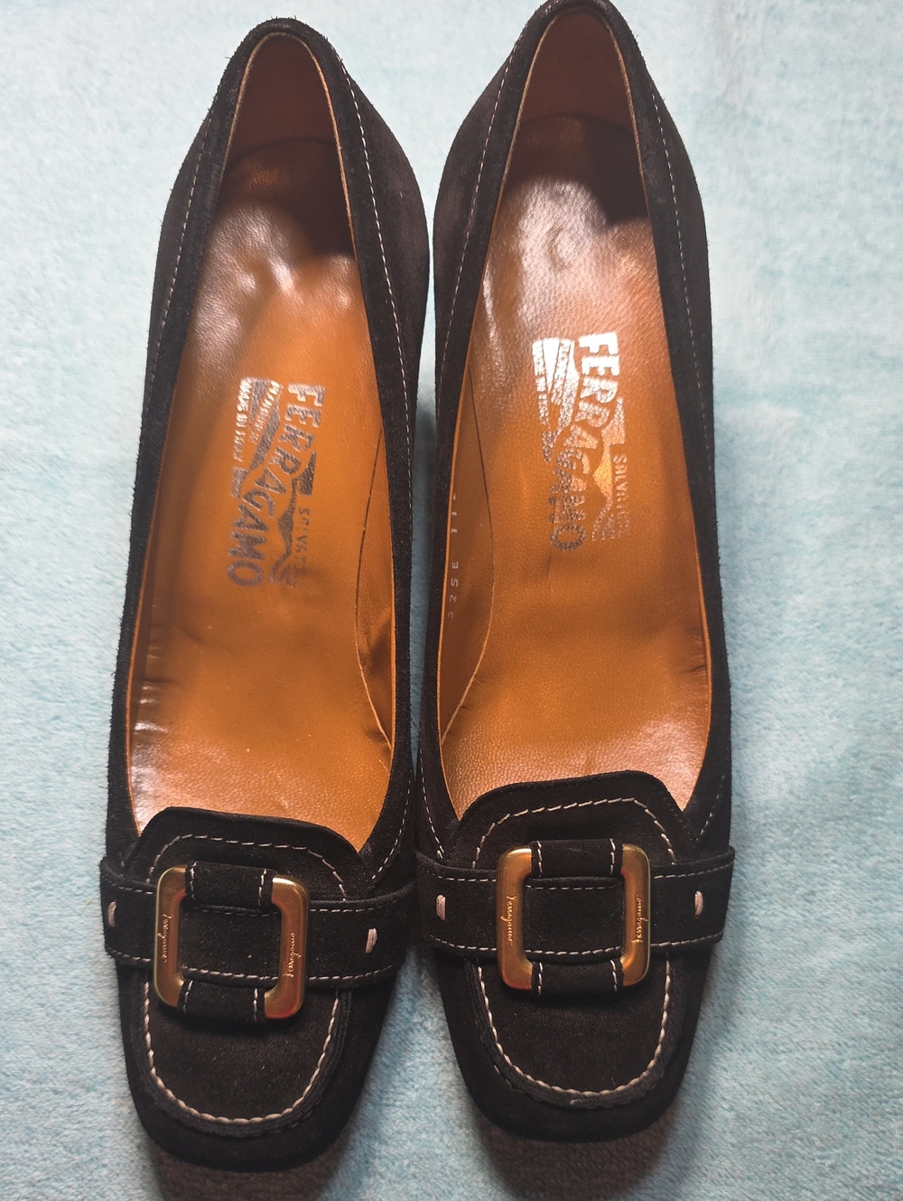 Salvatore Ferragamo Black Suede Loafers with Gold Buckle 8